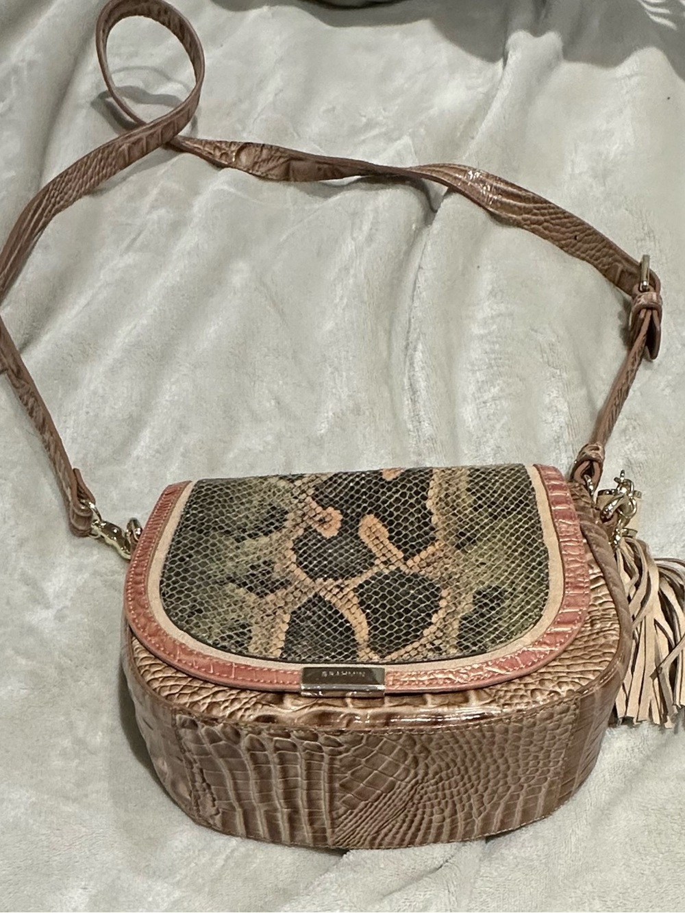 Brahmin Taupe Croc-Textured Crossbody with Snakeskin Flap